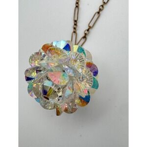 Vtg Aurora Borealis Necklace AB Crystal Disco Ball Geodesic Cluster 20" 1950s